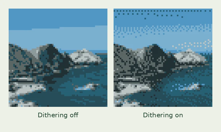 A 64-pixel coastline with eight colors, comparing dithering off and on.