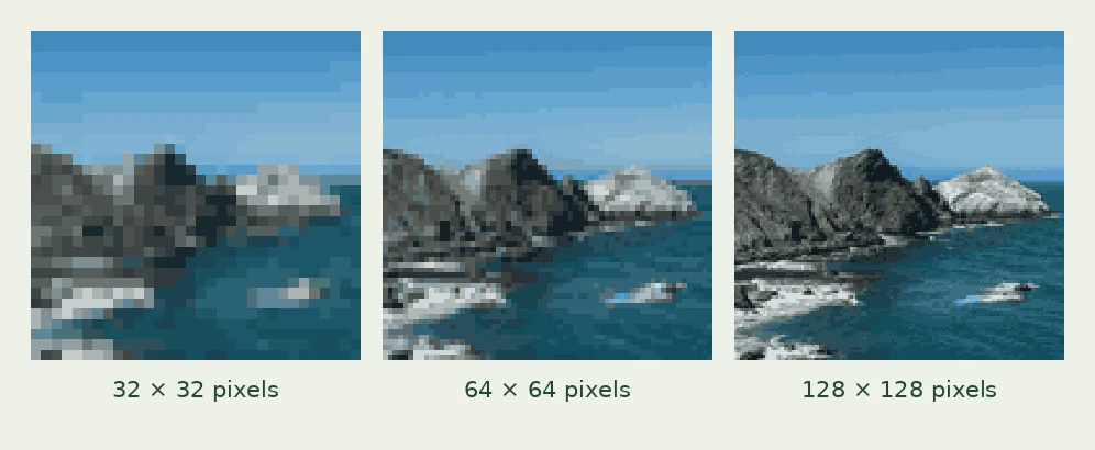 The same coastline converted at 32, 64 and 128 pixels with a 24-color limit.